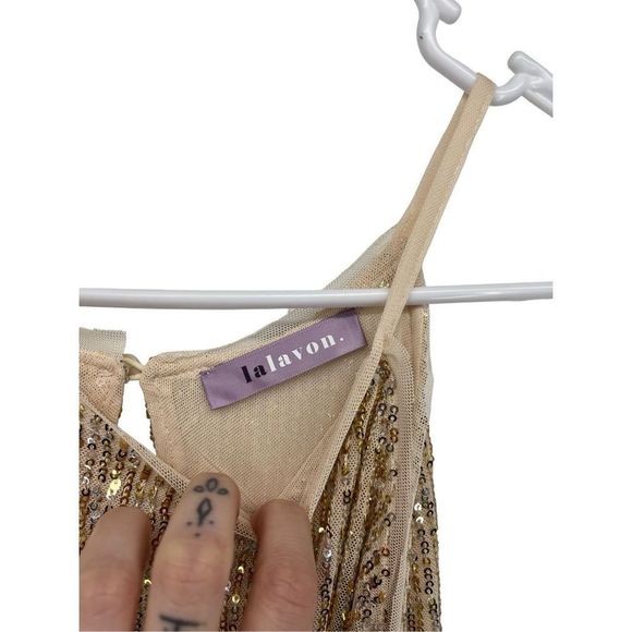 LaLaron Gold Cocktail Dress Small Sequin Evening Gala Slit‎ - Picture 3 of 12